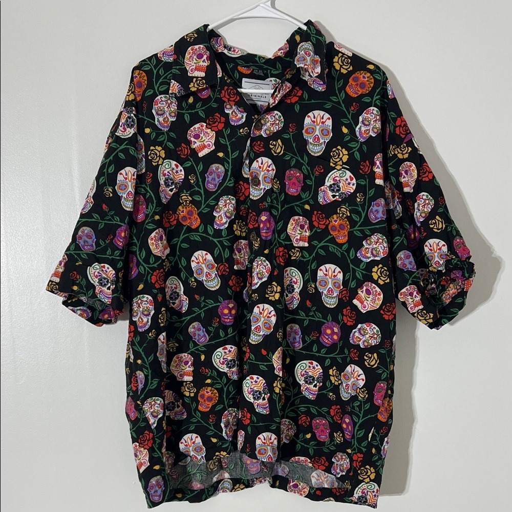 David Carey Originals Black Sugar Skull Rose Print Short Sleeve Bttn Up Mens 2XL